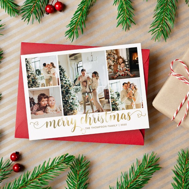 Modern Gold Merry Christmas Heart Script 5 Photo Holiday Card (Creator Uploaded)