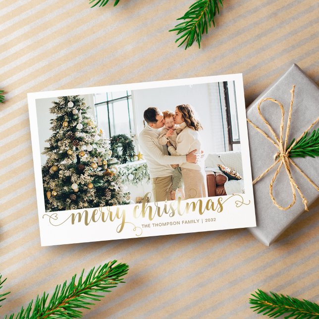 Modern Gold Merry Christmas Heart Script Photo Holiday Card (Creator Uploaded)