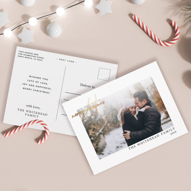 Modern Gold Merry Christmas Lettering Photo White Postcard (Creator Uploaded)