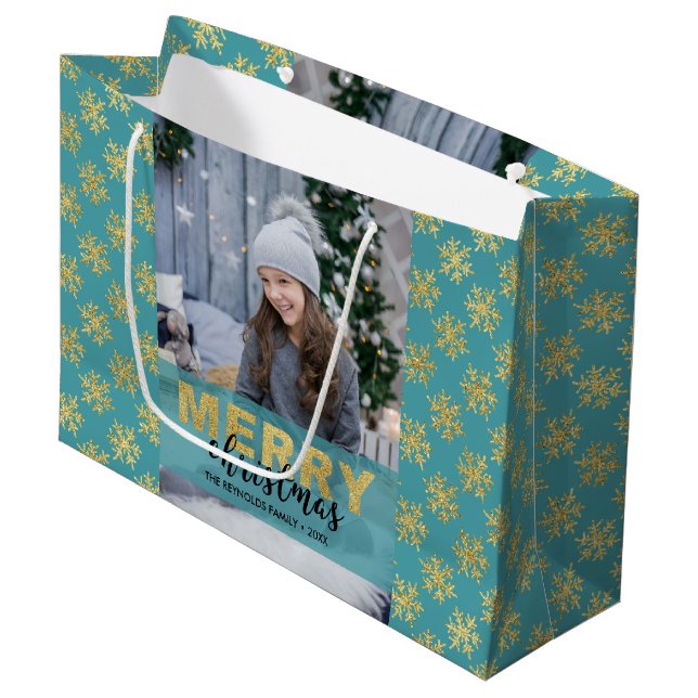 Modern Gold Merry Christmas Photo Large Gift Bag (Front Angled)