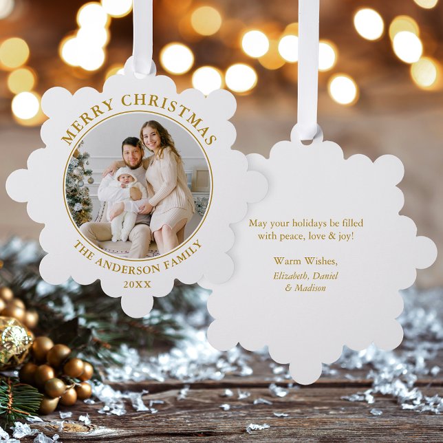 Modern Gold Merry Christmas Photo Tree Decoration Card (A greeting card that is also an ornament! Customize with your photo and personalized text.)