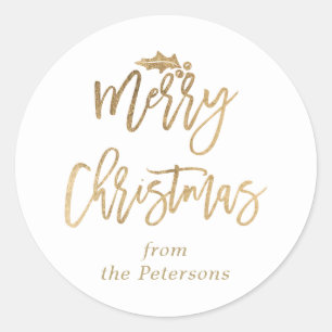Modern gold merry christmas script mistletoe white classic round sticker