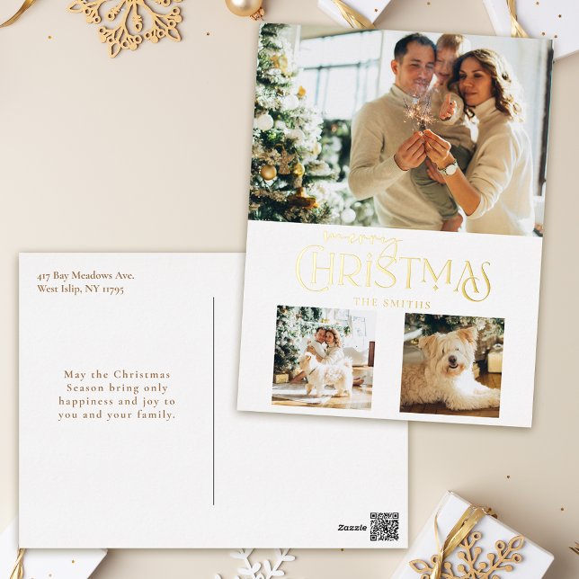 Modern Gold Merry Christmas Typography 3-Photo Foil Holiday Postcard (Creator Uploaded)