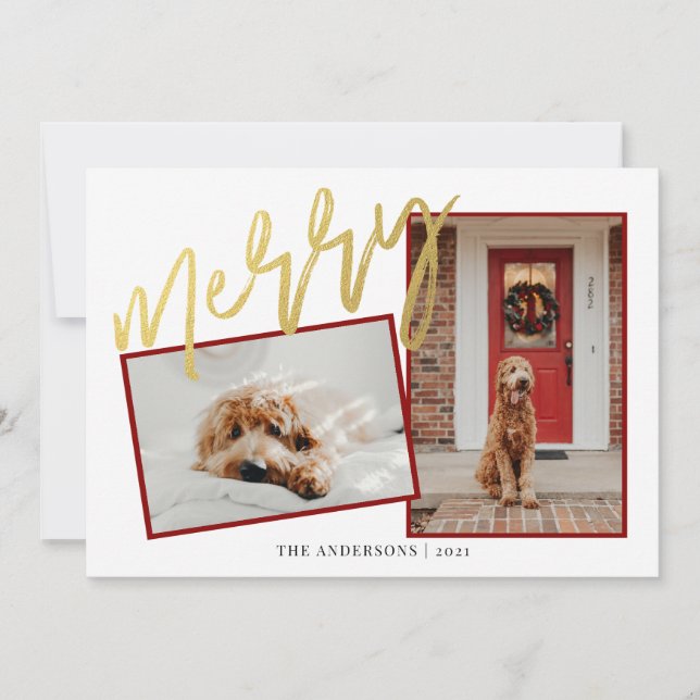 Modern Gold Merry Script Photo Holiday Card (Front)