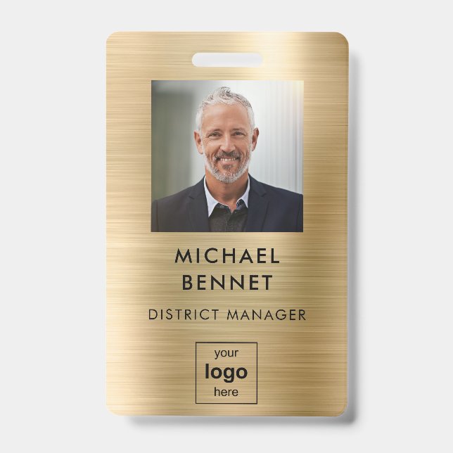 Modern Gold Metal Employee Photo ID Badge (Front)