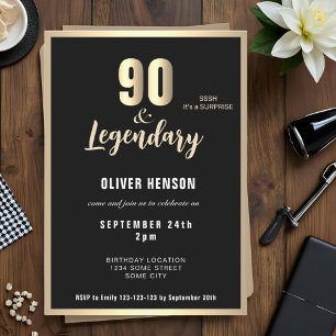 Modern Gold Metallic Surprise 90th Birthday  Invitation