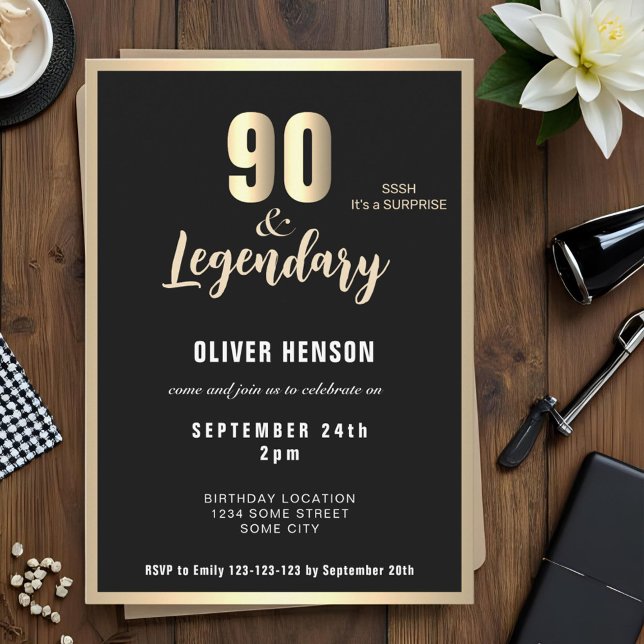 Modern Gold Metallic Surprise 90th Birthday  Invitation (Creator Uploaded)