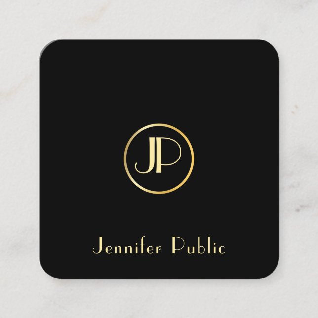 Modern Gold Monogram Black Template Elegant Trendy Square Business Card (Front)