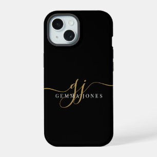 Modern Gold Monogram Feminine Script Name Black iPhone 15 Case