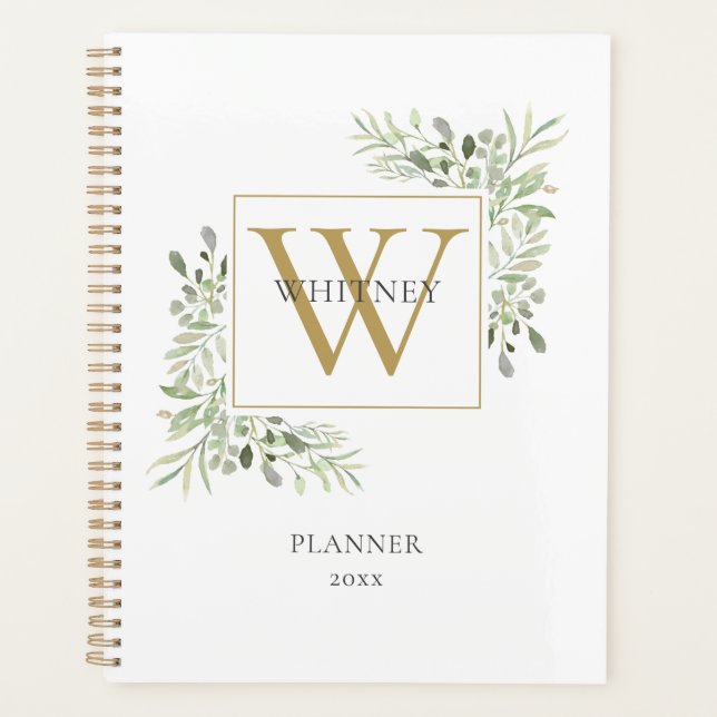Modern Gold Monogram Greenery 2023 Planner (Front)