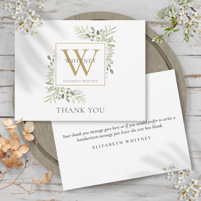 Modern Gold Monogram Greenery Business Thank You Card (Modern Gold Monogram Greenery Business Thank You Card)
