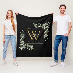 Modern Gold Monogram Greenery Floral Black Fleece Blanket