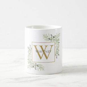 Modern Gold Monogram Greenery Floral Coffee Mug