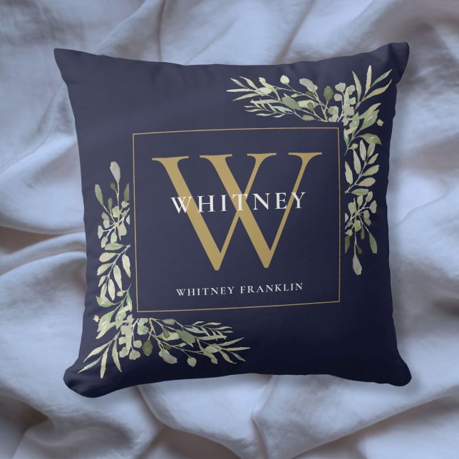 Modern Gold Monogram Greenery Navy Blue Cushion (Modern Gold Monogram Greenery Navy Blue Throw Pillow)