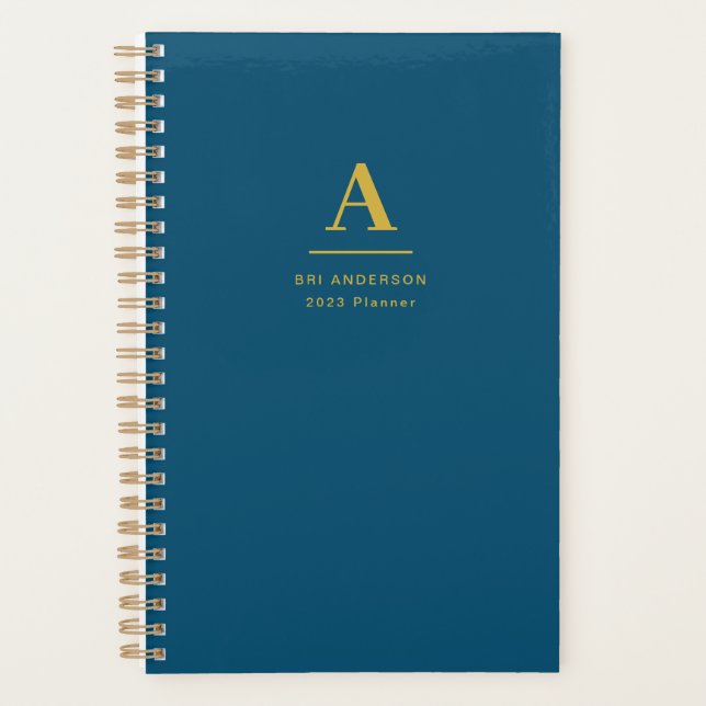 Modern Gold Monogram Indigo Blue Pro Business  Planner (Front)