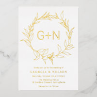 Modern Gold Monogram Leave Wreath Wedding Golden