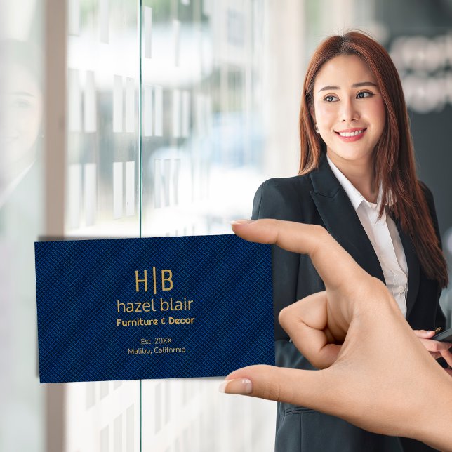 Modern Gold Monogram Logo Blue Squares Pattern Business Card (Creator Uploaded)