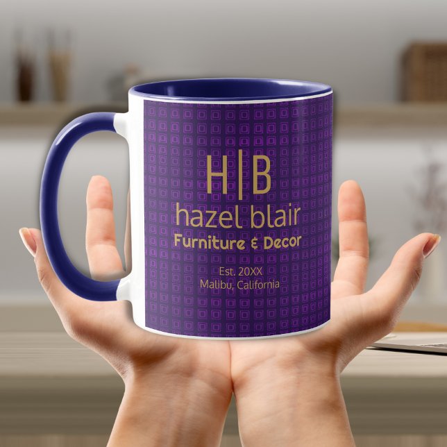Modern Gold Monogram Logo Purple Squares Pattern Mug (Creator Uploaded)