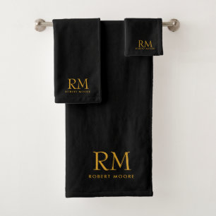 Modern Gold Monogram On Black Bath Towel Set
