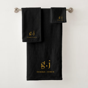 Modern Gold Monogram On Black Bath Towel Set