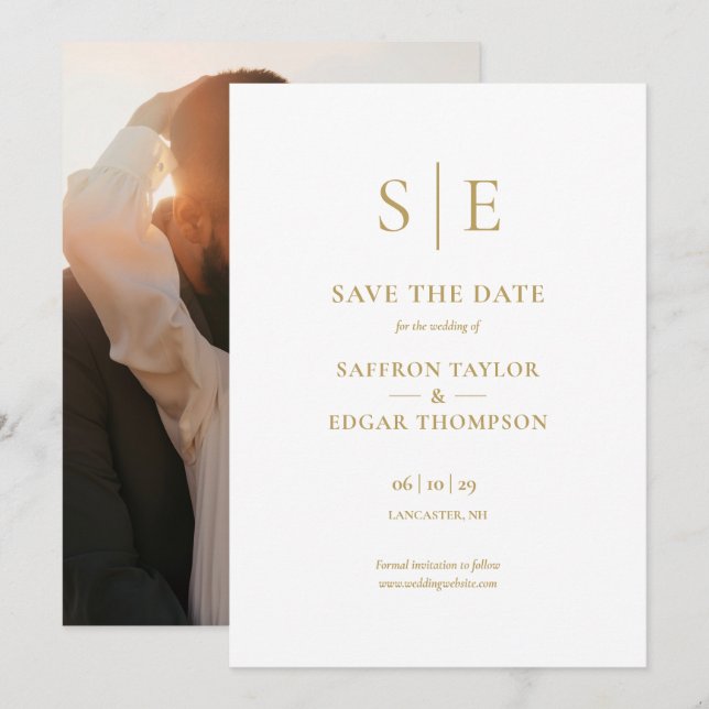 Modern Gold Monogram Photo Wedding Save The Date (Front/Back)
