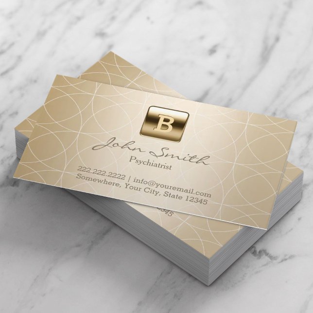 Modern Gold Monogram Psychiatrist Business Card (Creator Uploaded)