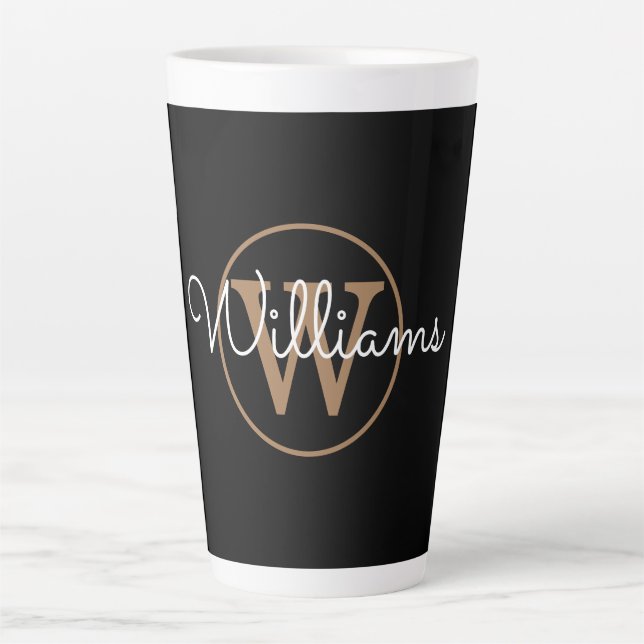 Modern Gold Monogram Script Black Latte Mug (Front)