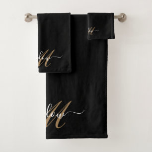 Modern Gold Monogram Script Name Bath Towel Set