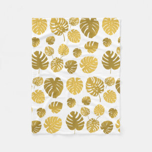 Modern Gold Monstera Tropical Leaves Pattern  Fleece Blanket