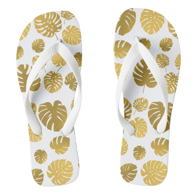 Modern Gold Monstera Tropical Leaves Pattern Jandals (Footbed)