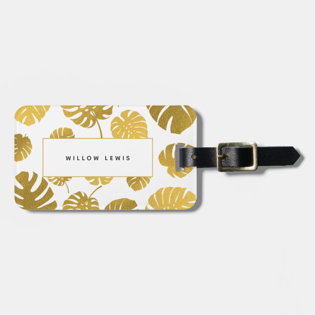 Modern Gold Monstera Tropical Leaves Pattern Luggage Tag (Front Horizontal)