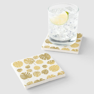 Modern Gold Monstera Tropical Leaves Pattern Stone Coaster