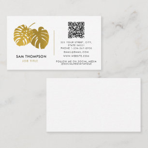 Modern Gold Monstera Tropical QR Code Social Media Business Card