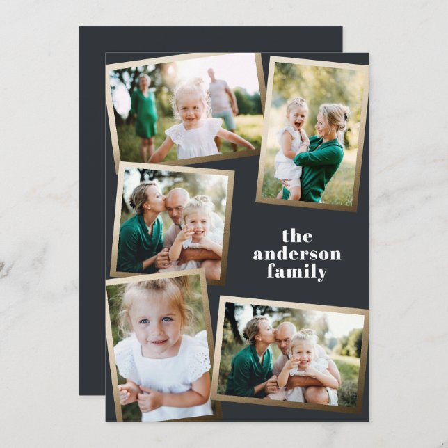 Modern gold multi photo family holiday card (Front/Back)