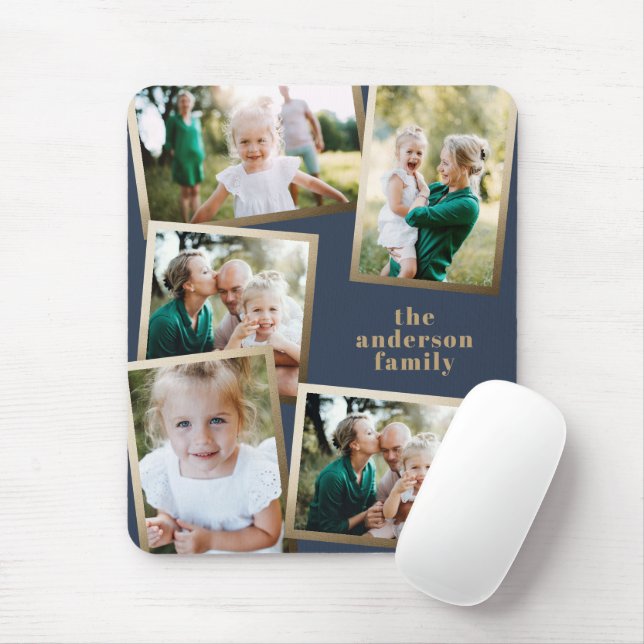 Modern gold multi photo family holiday card mouse pad (With Mouse)