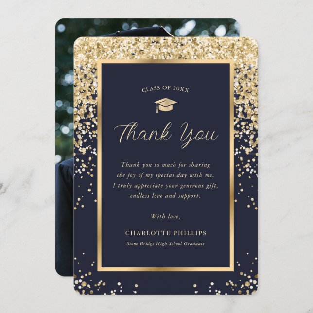 Modern Gold Navy Blue Elegant Photo Graduation Thank You Card (Front/Back)