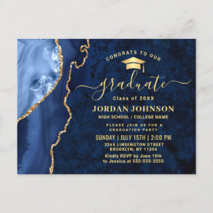 Modern Gold Navy Blue Graduation Party Invitation Postcard