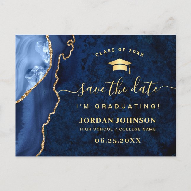 Modern Gold Navy Blue Graduation Save the Date Postcard (Front)
