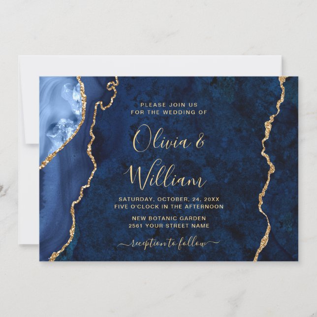 Modern Gold Navy Blue Marble Agate Wedding Invitation (Front)