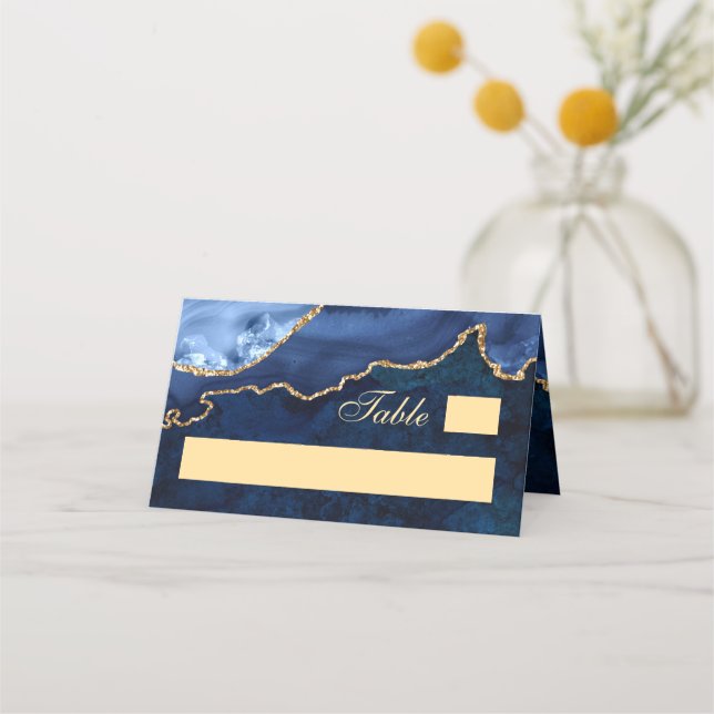 Modern Gold Navy Blue Marble Agate Wedding Table Place Card (Front)