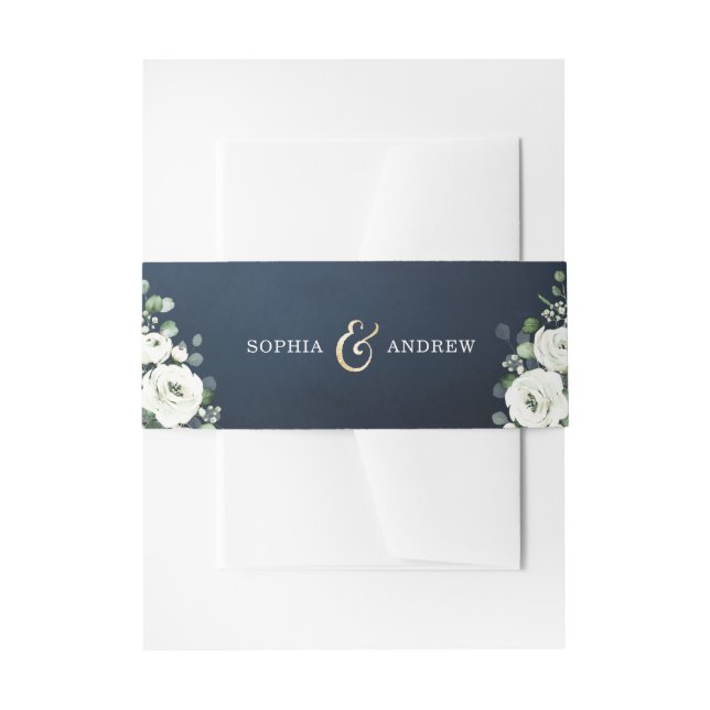 Modern gold & navy blue white floral wedding invitation belly band (Front Example)