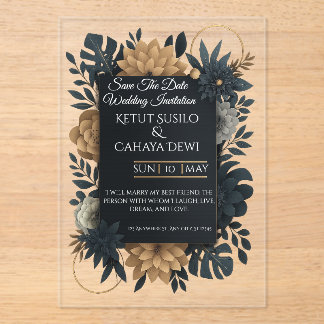  Modern Gold & Navy Floral Wedding Invitation 
