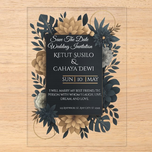  Modern Gold & Navy Floral Wedding Invitation  (Front)