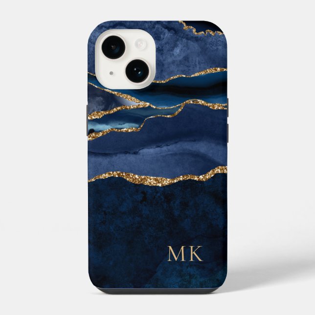 Modern Gold & Navy Marble Agate Monogram Case-Mate iPhone Case (Back)