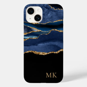 Modern Gold & Navy Marble Agate Monogram Case-Mate iPhone 14 Case