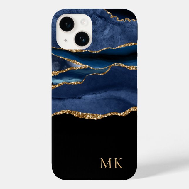 Modern Gold & Navy Marble Agate Monogram Case-Mate iPhone Case (Back)