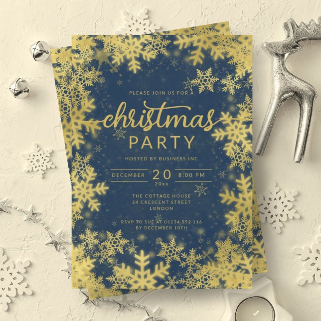 Modern Gold Navy Snowflakes Company Christmas  Invitation (Modern Gold Navy Snowflakes Company Christmas Invitation)