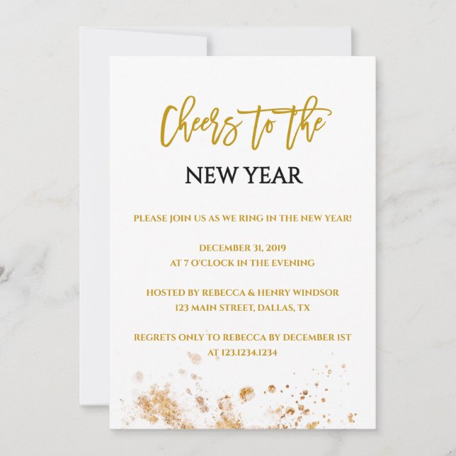 Modern Gold New Years Eve Party Invitations (Front)
