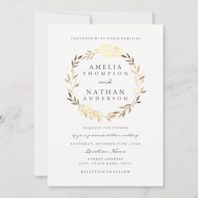 Modern Gold Olive Leaf Wreath Wedding Invitation (Front)
