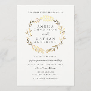 Modern Gold Olive Leaf Wreath Wedding Invitation